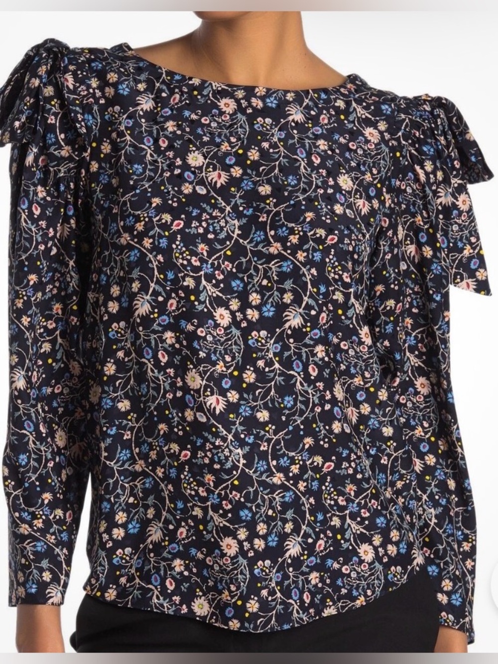 Rebecca Taylor Vivianna Floral Vine Silk Blouse Bows Tie Shoulder